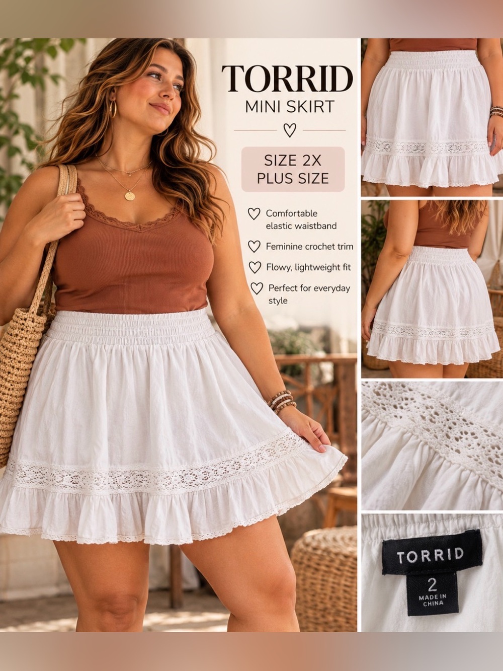torrid -size 2X - 100% cotton- Crochet-Trim Mini Skirt - elastic waist - pockets